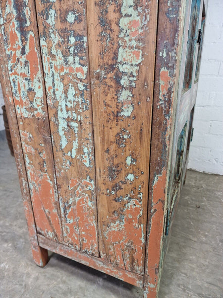 Vintage Reclaimed Indian Glazed Wooden Glass Kitchen Bathroom Drinks Cabinet