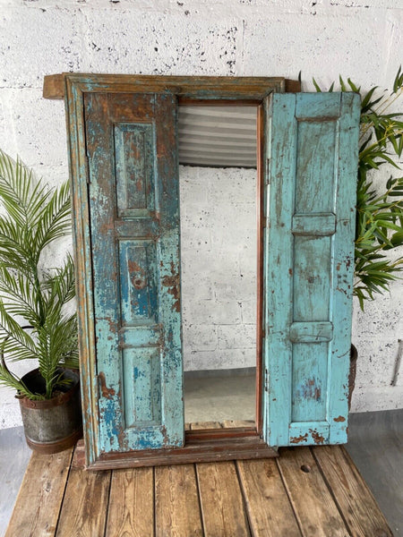 Large Vintage Antique Reclaimed Indian Solid Wooden Window Frame Garden Mirror