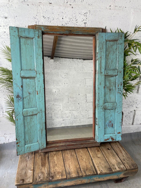 Large Vintage Antique Reclaimed Indian Solid Wooden Window Frame Garden Mirror