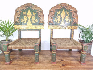 Rare Pair Vintage Antique Indian Low Woven Carved Wooden Pidha Seats Chairs