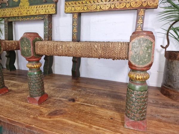 Rare Pair Vintage Antique Indian Low Woven Carved Wooden Pidha Seats Chairs