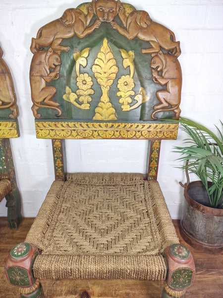 Rare Pair Vintage Antique Indian Low Woven Carved Wooden Pidha Seats Chairs