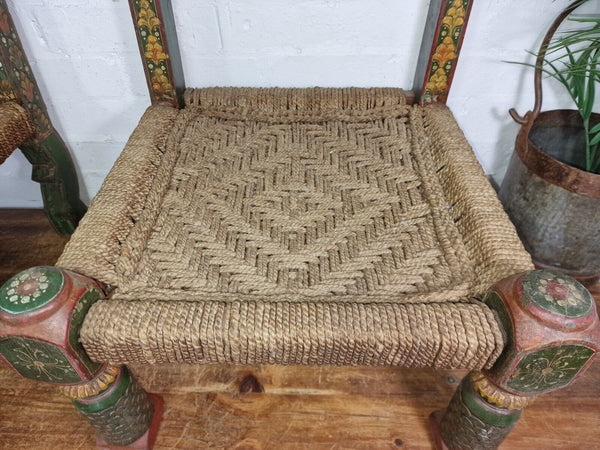 Rare Pair Vintage Antique Indian Low Woven Carved Wooden Pidha Seats Chairs