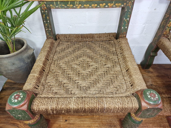 Rare Pair Vintage Antique Indian Low Woven Carved Wooden Pidha Seats Chairs