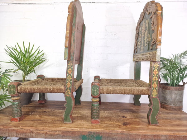 Rare Pair Vintage Antique Indian Low Woven Carved Wooden Pidha Seats Chairs