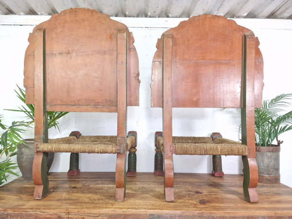 Rare Pair Vintage Antique Indian Low Woven Carved Wooden Pidha Seats Chairs