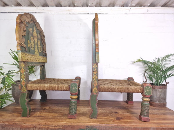 Rare Pair Vintage Antique Indian Low Woven Carved Wooden Pidha Seats Chairs