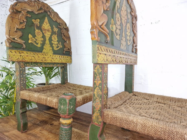 Rare Pair Vintage Antique Indian Low Woven Carved Wooden Pidha Seats Chairs