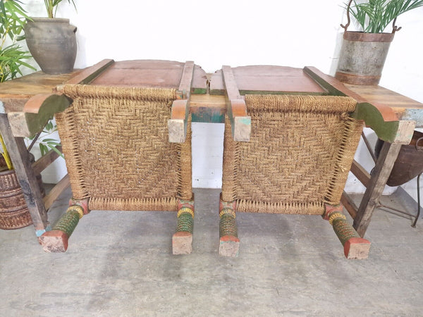 Rare Pair Vintage Antique Indian Low Woven Carved Wooden Pidha Seats Chairs