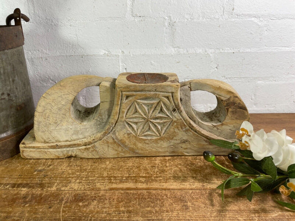 Vintage Rustic Large Hand Carved Indian Solid Wooden Candle Holder