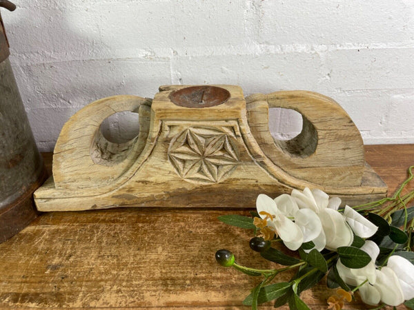 Vintage Rustic Large Hand Carved Indian Solid Wooden Candle Holder