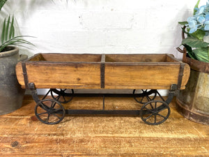 Vintage Rustic Wooden Brick Mould On Wheels Table Centrepiece Condiments Cutlery