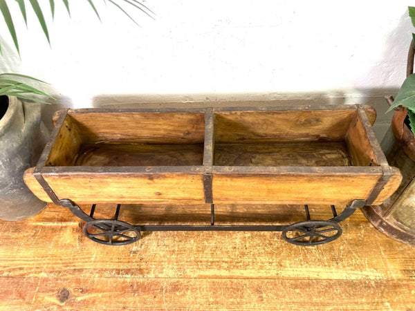 Vintage Rustic Wooden Brick Mould On Wheels Table Centrepiece Condiments Cutlery