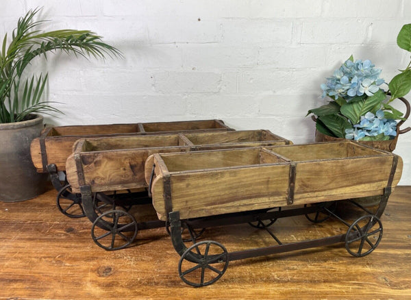 Vintage Rustic Wooden Brick Mould On Wheels Table Centrepiece Condiments Cutlery