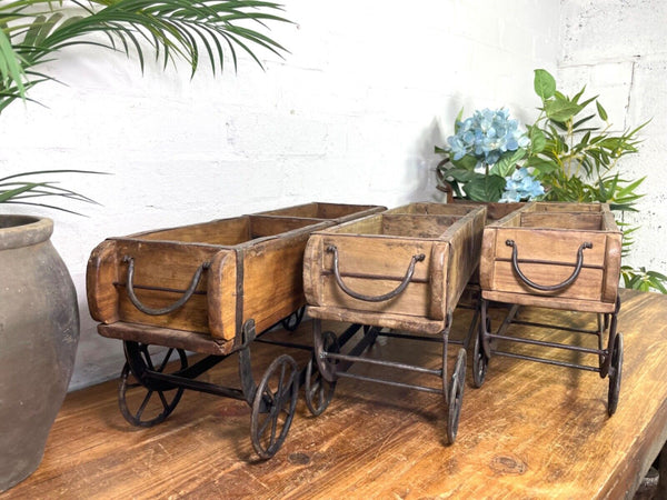 Vintage Rustic Wooden Brick Mould On Wheels Table Centrepiece Condiments Cutlery