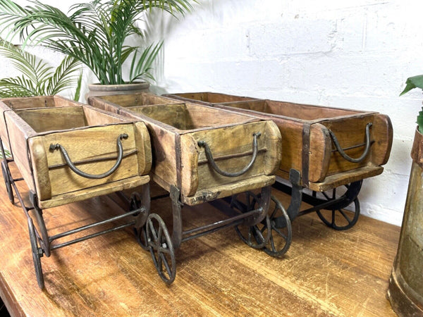 Vintage Rustic Wooden Brick Mould On Wheels Table Centrepiece Condiments Cutlery