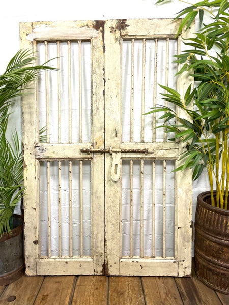 Old Pair Vintage Reclaimed Indian Wooden Iron Doors Shutters Garden Gates Screen