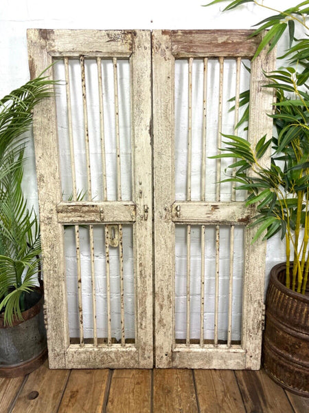 Old Pair Vintage Reclaimed Indian Wooden Iron Doors Shutters Garden Gates Screen