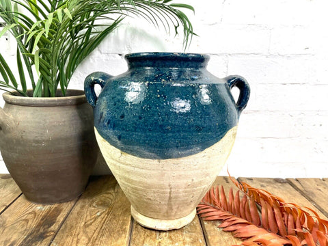 Vintage French Blue Glazed Terracotta Confit Pot Urn