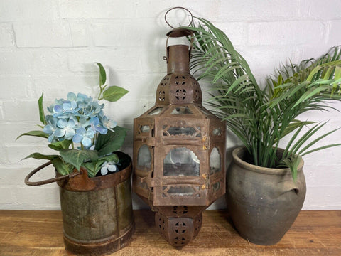 Vintage Moroccan Style Rustic Glazed Metal Hanging Candle Holder Lantern