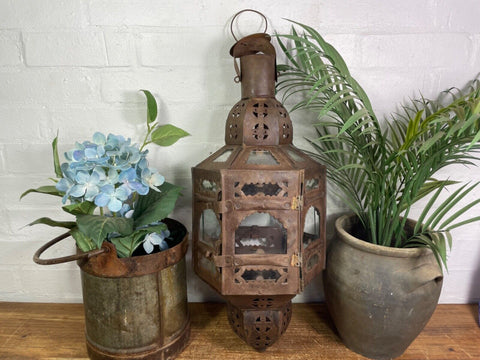 Vintage Moroccan Style Rustic Glazed Metal Hanging Candle Holder Lantern