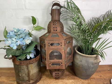 Vintage Moroccan Style Rustic Glazed Metal Hanging Candle Holder Lantern