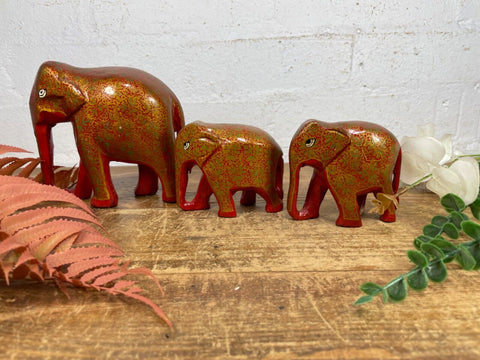 Set Family Hand Carved Wooden Indian Kashmiri Hand Painted Elephant Statue Gift