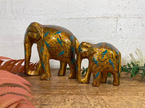 Set Family Hand Carved Wooden Indian Kashmiri Hand Painted Elephant Statue Gift