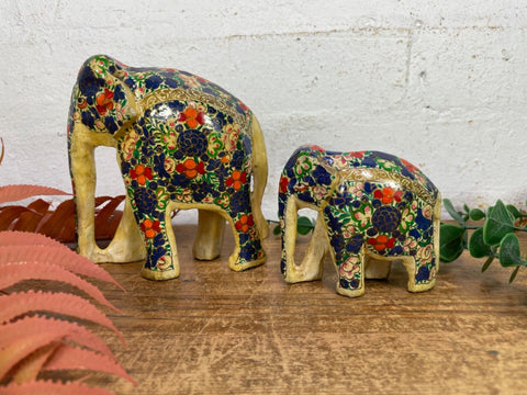 Set Family Hand Carved Wooden Indian Kashmiri Hand Painted Elephant Statue Gift