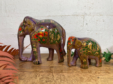 Set Family Hand Carved Wooden Indian Kashmiri Hand Painted Elephant Statue Gift