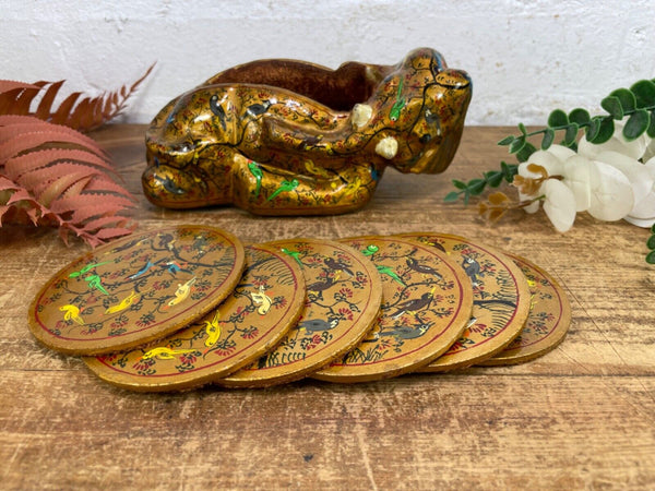 Vintage Kashmiri Paper Mache Elephant Floral Hand Painted Drinks Coaster Set