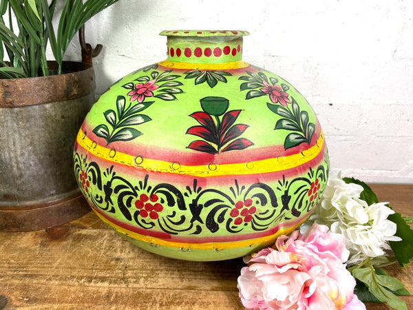 Vintage Large Indian Metal Hand Painted Riveted Water Bowl Pot Dry Flower Vase