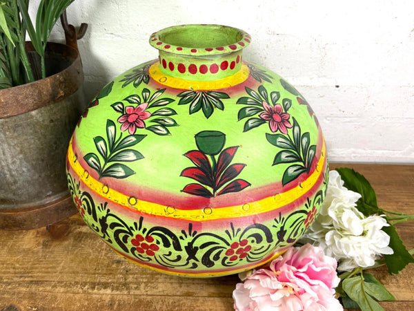 Vintage Large Indian Metal Hand Painted Riveted Water Bowl Pot Dry Flower Vase