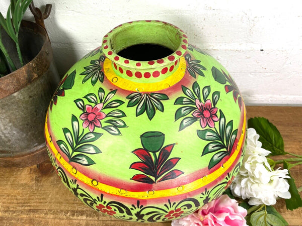 Vintage Large Indian Metal Hand Painted Riveted Water Bowl Pot Dry Flower Vase