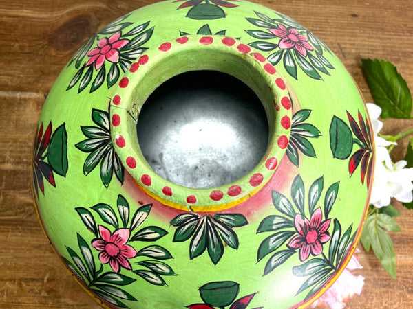 Vintage Large Indian Metal Hand Painted Riveted Water Bowl Pot Dry Flower Vase