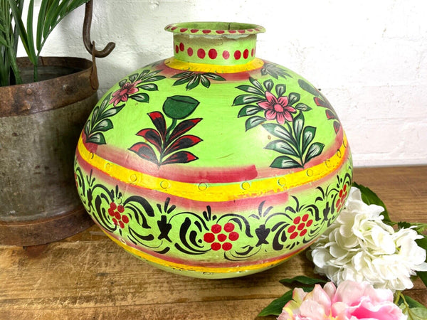 Vintage Large Indian Metal Hand Painted Riveted Water Bowl Pot Dry Flower Vase