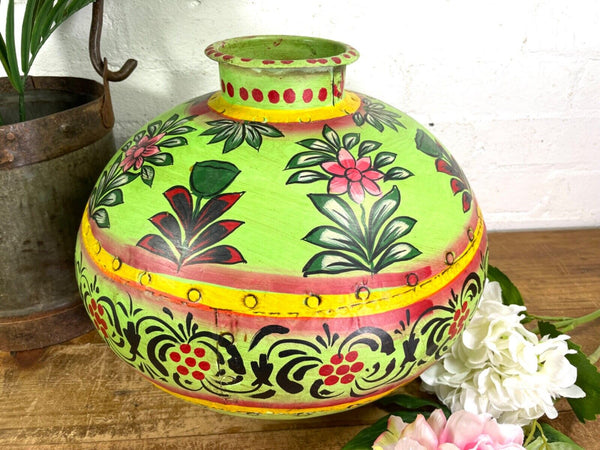 Vintage Large Indian Metal Hand Painted Riveted Water Bowl Pot Dry Flower Vase