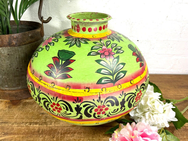 Vintage Large Indian Metal Hand Painted Riveted Water Bowl Pot Dry Flower Vase