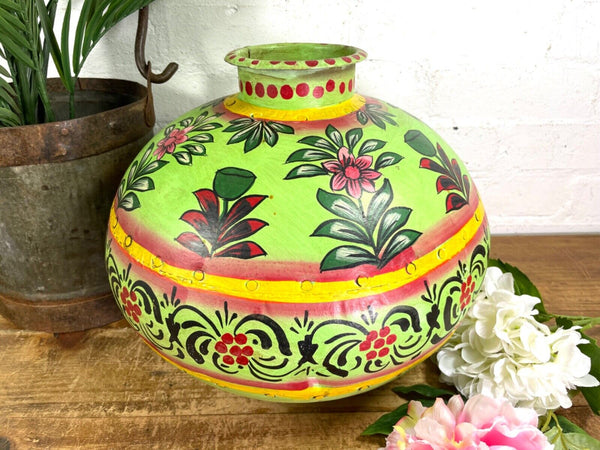 Vintage Large Indian Metal Hand Painted Riveted Water Bowl Pot Dry Flower Vase