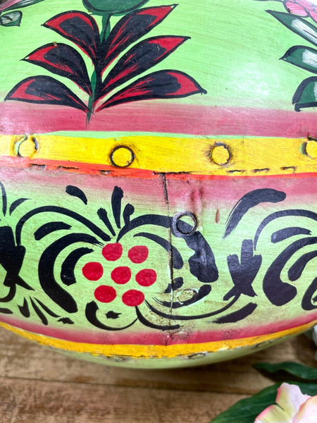 Vintage Large Indian Metal Hand Painted Riveted Water Bowl Pot Dry Flower Vase