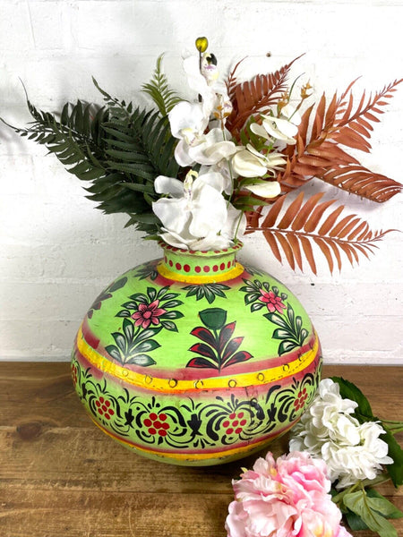 Vintage Large Indian Metal Hand Painted Riveted Water Bowl Pot Dry Flower Vase