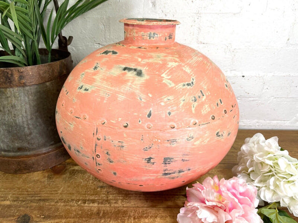 Authentic Indian Pink Rustic Hand Made Riveted Water Pot Dry Flower Vase