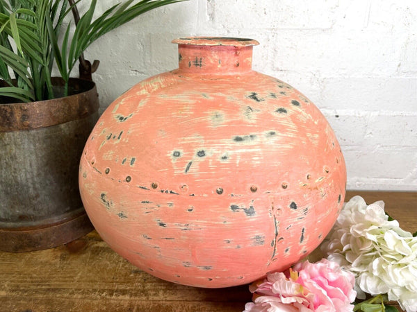 Authentic Indian Pink Rustic Hand Made Riveted Water Pot Dry Flower Vase