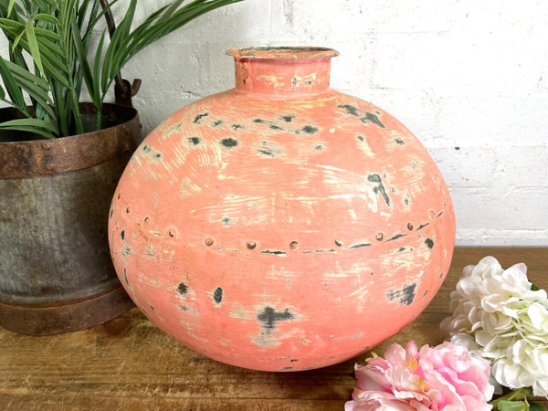 Authentic Indian Pink Rustic Hand Made Riveted Water Pot Dry Flower Vase