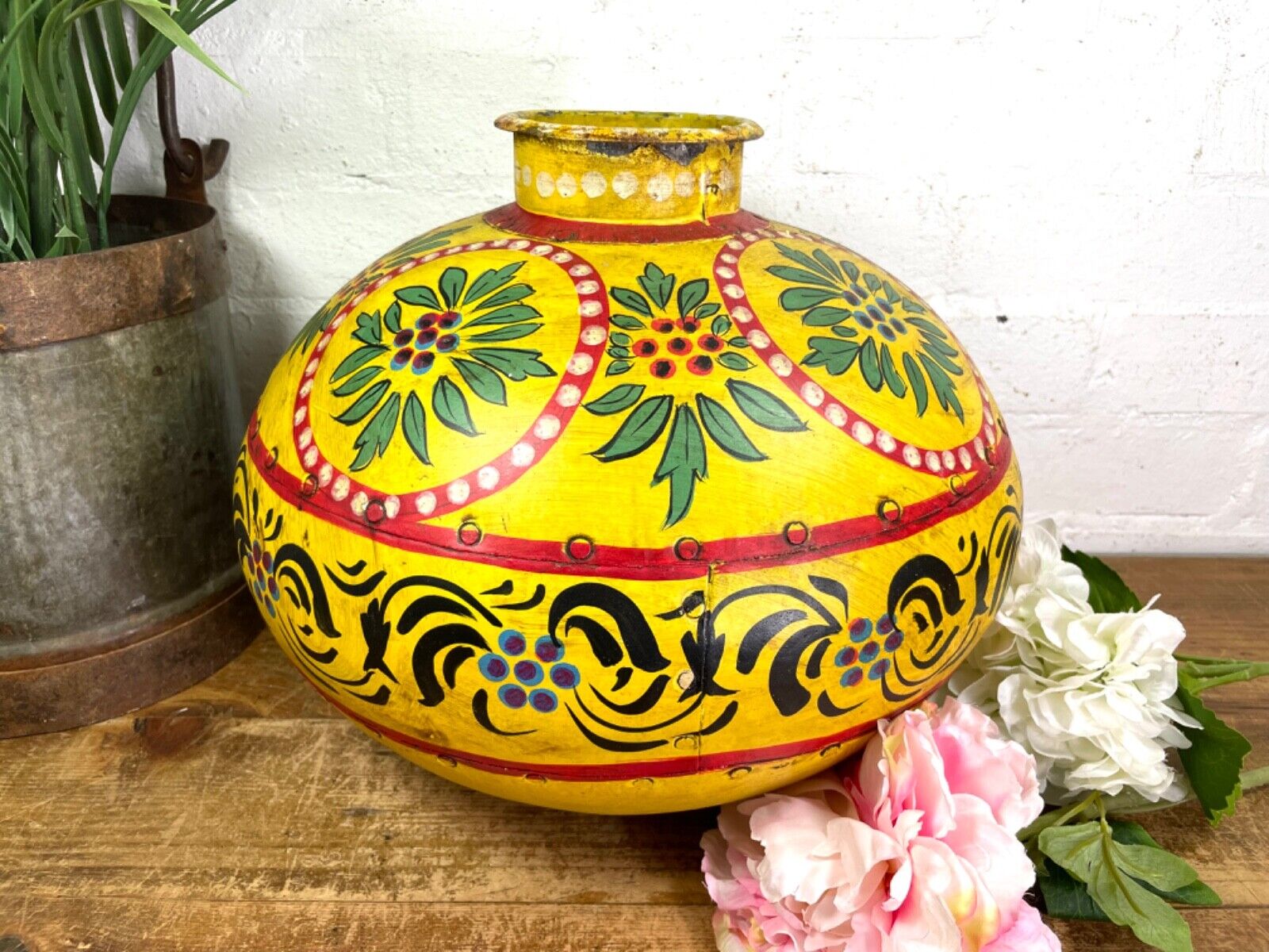 Vintage Large Indian Metal Hand Painted Riveted Water Bowl Pot Dry Flower Vase