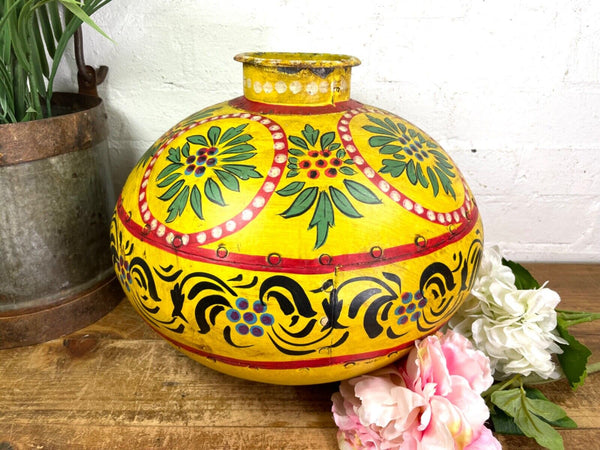 Vintage Large Indian Metal Hand Painted Riveted Water Bowl Pot Dry Flower Vase