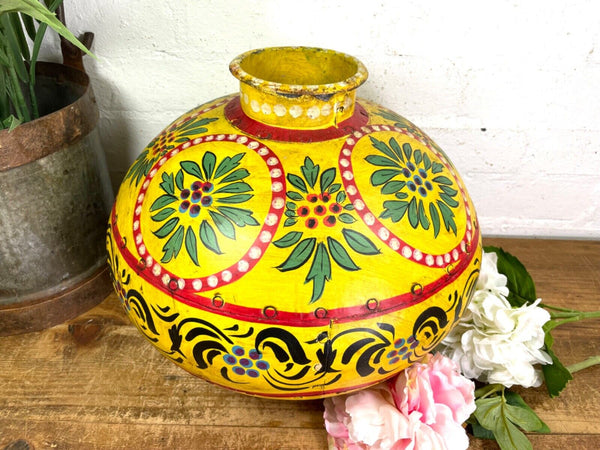 Vintage Large Indian Metal Hand Painted Riveted Water Bowl Pot Dry Flower Vase