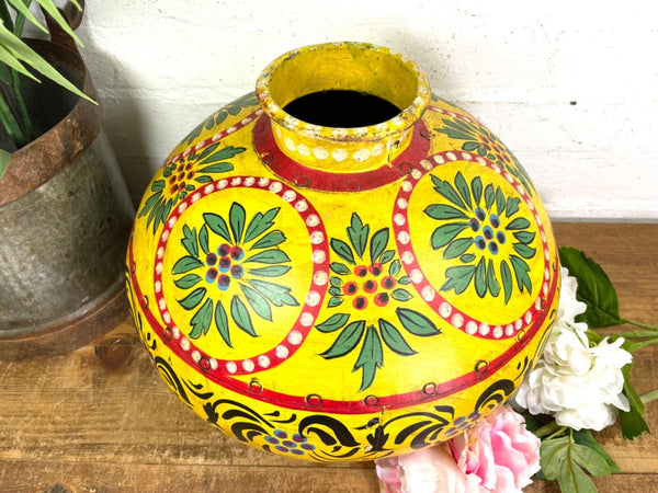 Vintage Large Indian Metal Hand Painted Riveted Water Bowl Pot Dry Flower Vase