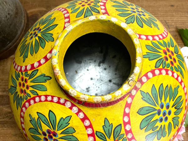 Vintage Large Indian Metal Hand Painted Riveted Water Bowl Pot Dry Flower Vase