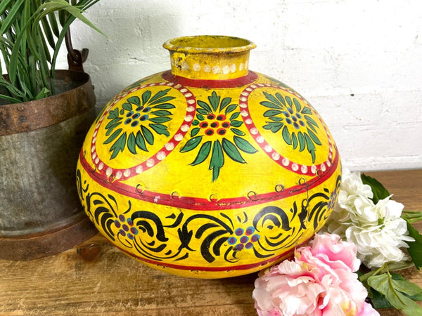 Vintage Large Indian Metal Hand Painted Riveted Water Bowl Pot Dry Flower Vase